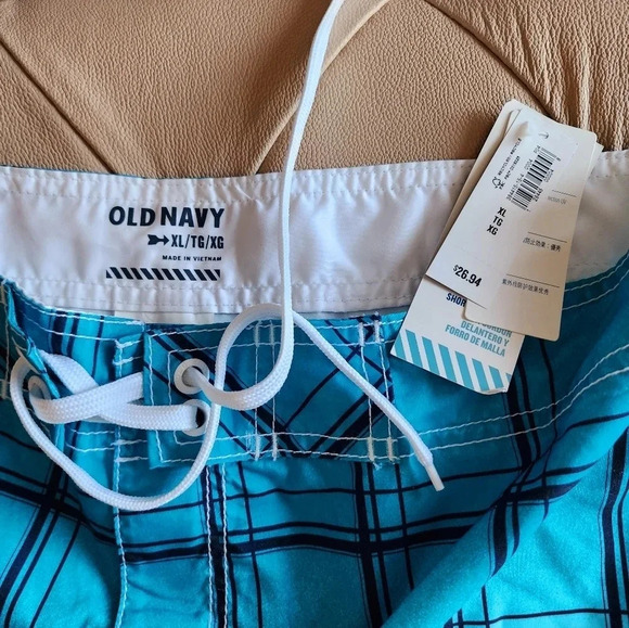 Old Navy AQUA Swimming Shorts Pockets Cord White Blue Plaid UPF40 size XL - Picture 3 of 7